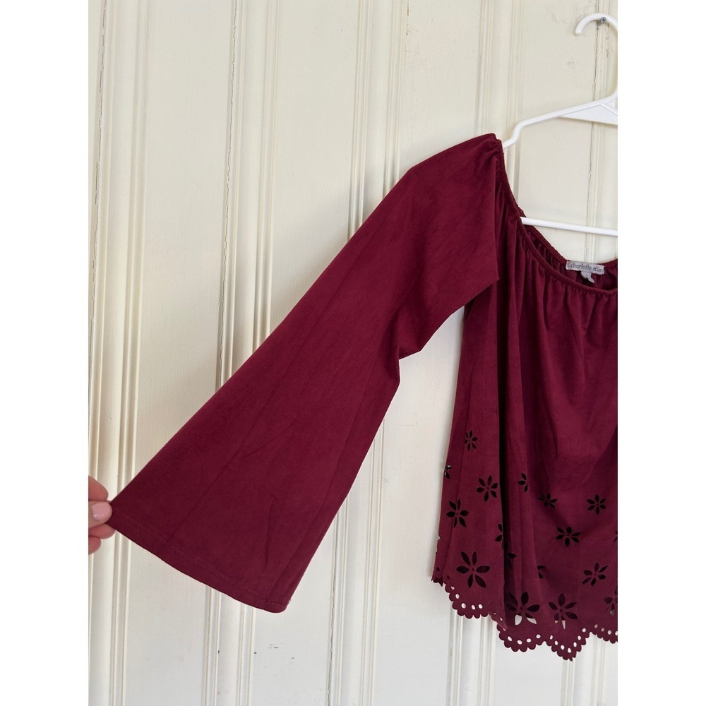 Charlotte Russe S Burgundy Y2K Faux Suede Off Shoulder Boho Peasant FloralTop - Picture 4 of 9